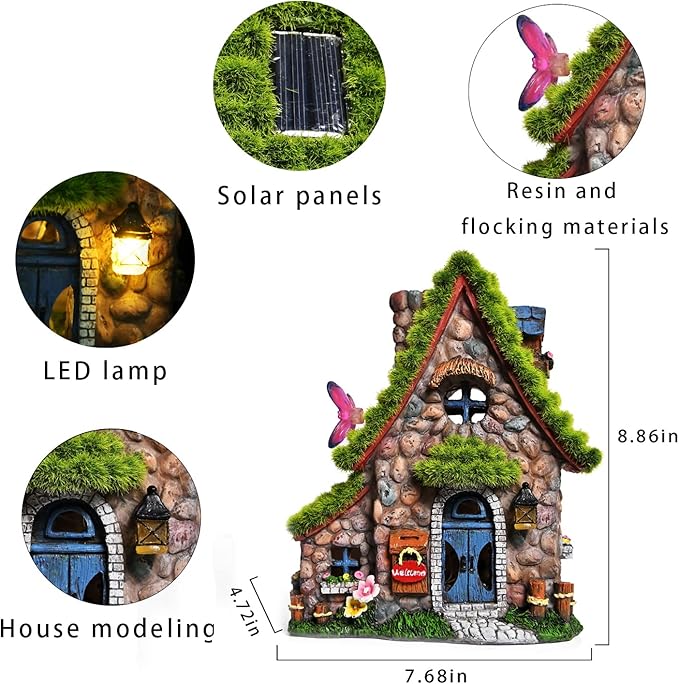 ASAWASA Resin Fairy House Statues with Solar Powered Lights, Funny Garden Sculptures with Flocked and Cobblestone Decor, Exquisite Garden Cottage Figurines