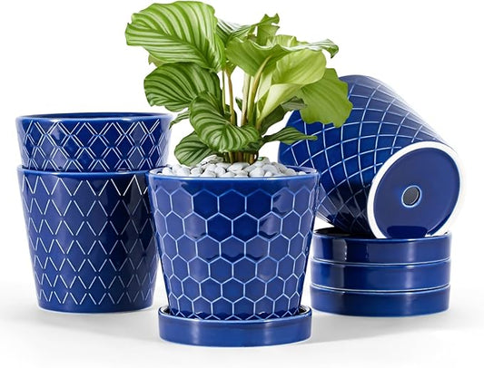 Ceramic Plant Pots –5 inch Indoor Flower Pot with Drainage Hole and Ceramic Tray - Gardening Home Desktop Office Windowsill Decoration Gift, Set of 4-Plants NOT Included(Blue)