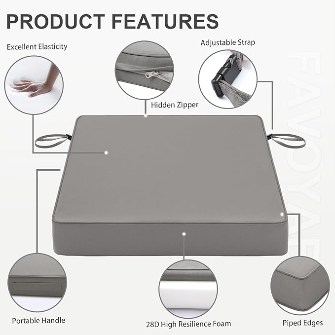 Favoyard Patio Chair Cushions 22 x 22 x 3 Inch Waterproof Outdoor Seat Cushions for Patio Furniture 3-Year Color Fastness Garden Sofa Couch Chair Pads with Handle & Adjustable Straps Set of 2, Grey