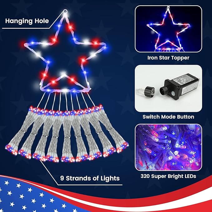 4th of July Decorations Lights, Red White Blue String Lights 320 LED 11.5 Ft Flag Stars Patriotic Light with Big Star Topper Waterproof 8 Light Modes for Indoor Outdoor Memorial Day Independence Day