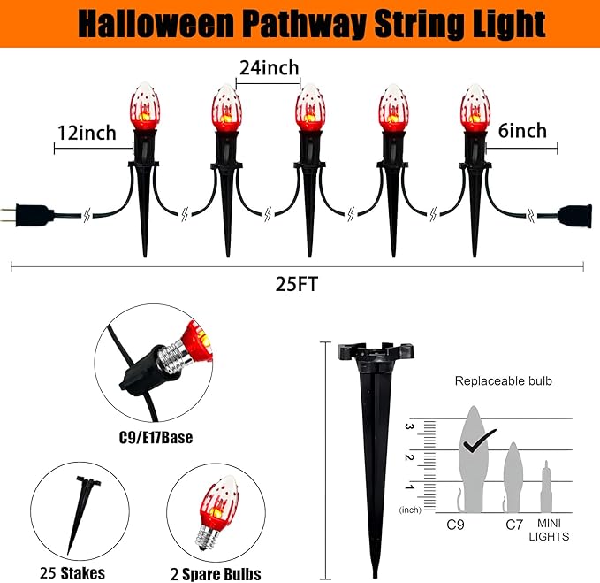 C9 Halloween Pathway Lights Outdoor, 38Ft Halloween Blood Teardrop Pathway String Lights with 25 C9 Flicker Flame Lights, Halloween Decoration Walkway Lights for Outdoor Pathways Gardens and Yards