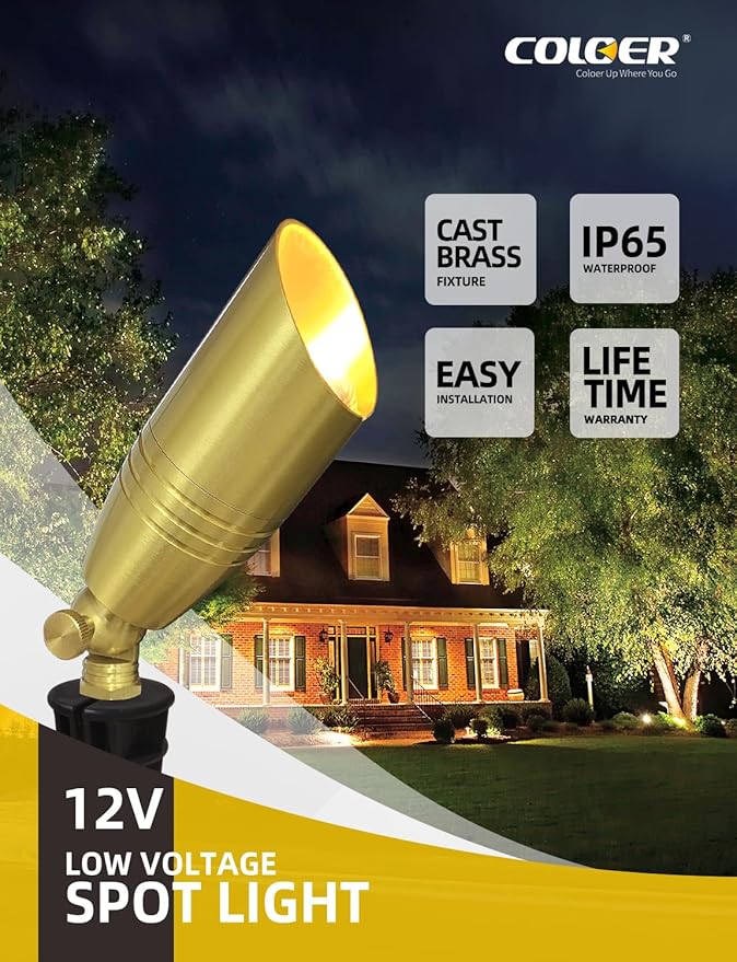 COLOER Die-cast Brass Landscape Spotlight 1-Pack Without Bulb,12V AC/DC Low Voltage Copper Outdoor Lighting with Ground Stake, Directional Garden Patio Spot Up Light (102B Brass Finish)
