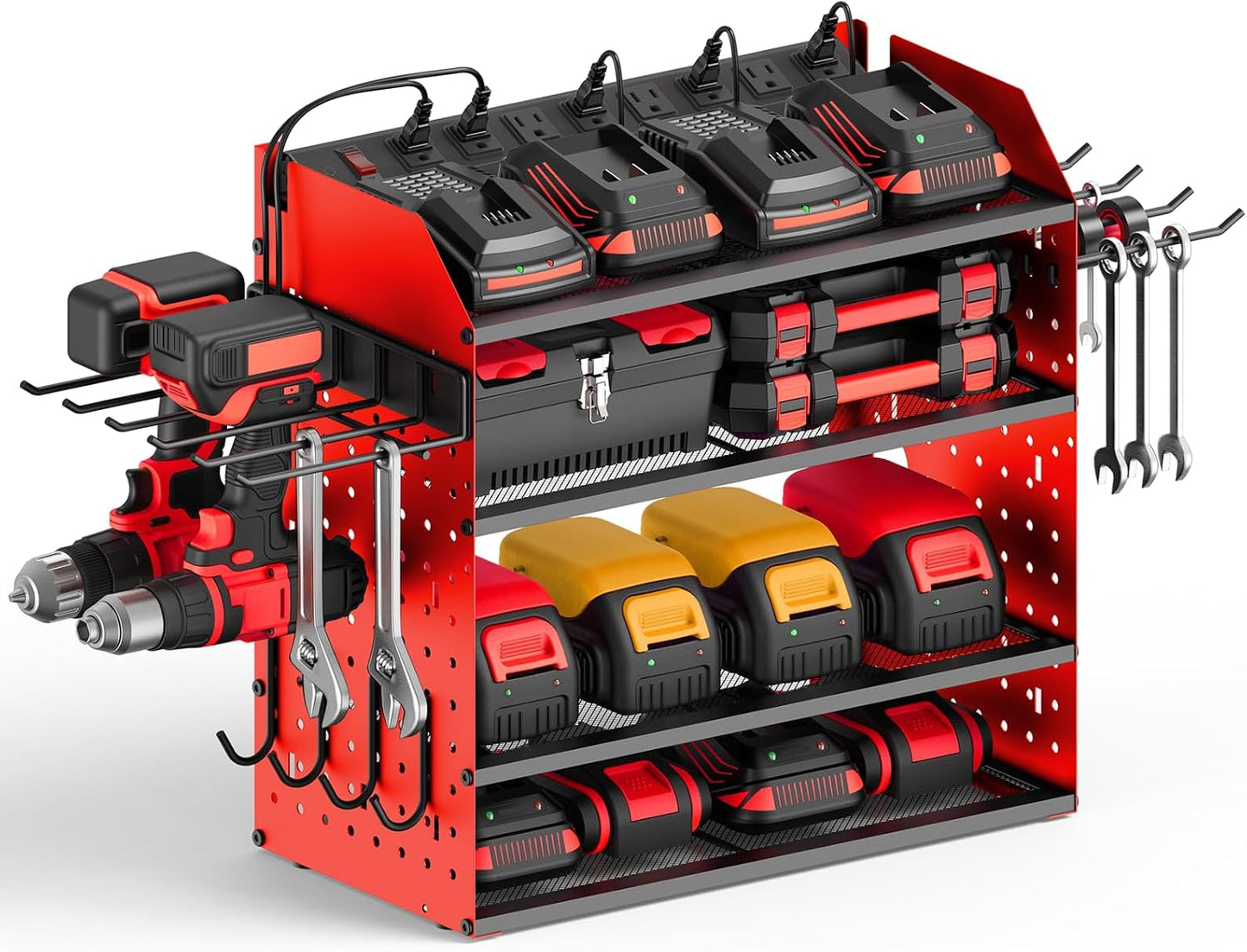 CCCEI Modular Desk Power Tools Organizer with Charging Station, 4 Layer Drills Battery Storage Wall Mount, Garage Shop Organization, Anniversary, Birthday, Gifts for Men, Father, Red, 6FT Cord.