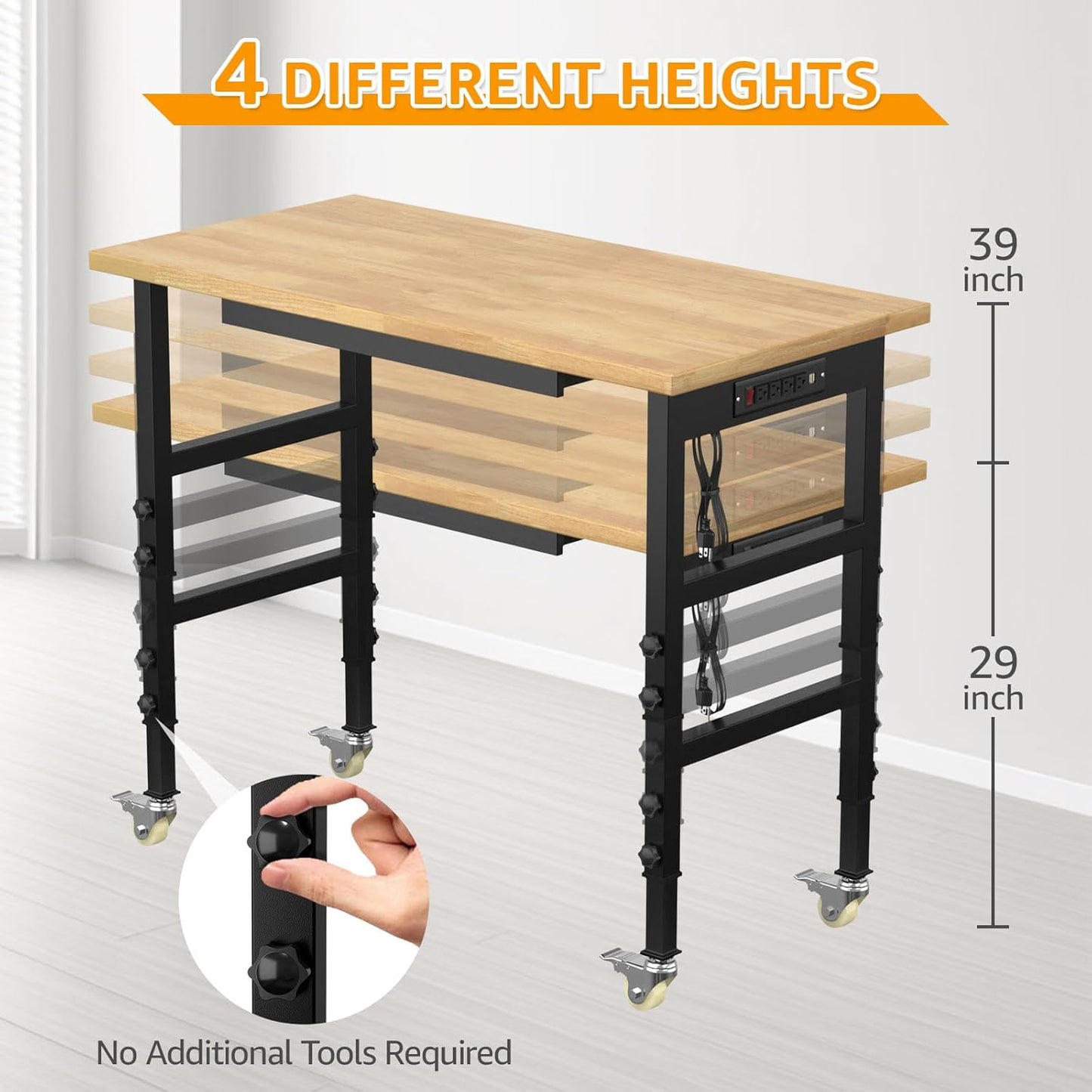 48" Adjustable Workbench,Heavy-Duty Work Table,3000 LBS Load Capacity Hardwood Workstation Outlets with Power Strips, Drawers and Wheels,for Workshop, Garage