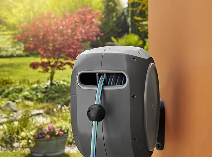GARDENA 20505, 100' Retractable Garden Hose Reel with US Hose Threads - 100' x 1/2" hose, Automatic Retraction & Length Lock for Easy Watering. Heavy Duty Swivel Bracket 180°, Includes Nozzle.