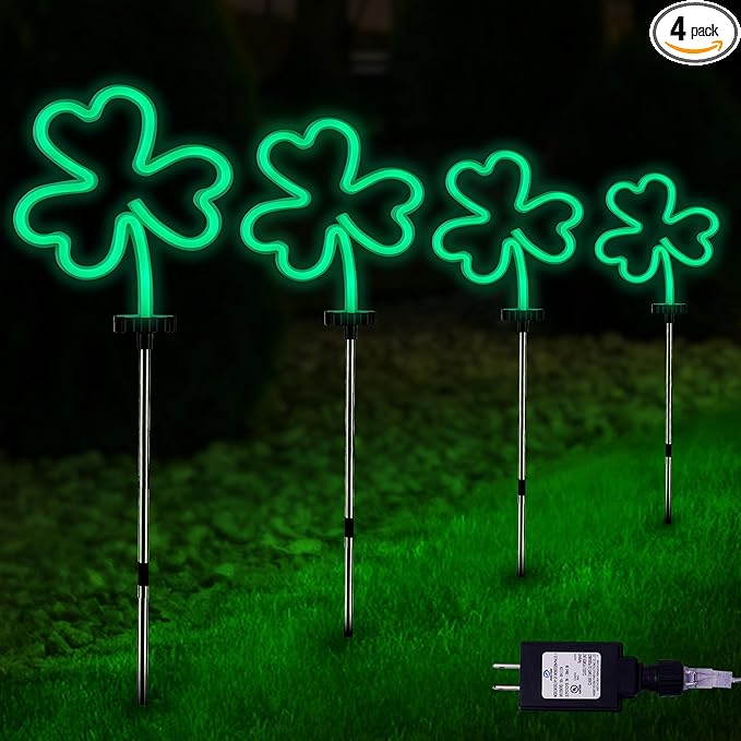 BlcTec St Patricks Day Decorations Outdoor, 4PCS Shamrock Neon Lights with Stainless Steel Stakes, Waterproof Irish Green Shamrock Pathway Lights for Yard Lawn Garden Porch Decor, Plug in