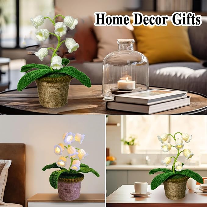 Lily of The Valley Lamp, Crochet Artificial Flower with 7 Little Night Lights, Cute Gifts for Women Wife Girlfriend Birthday Christmas Valentine Mother's Day -Medium