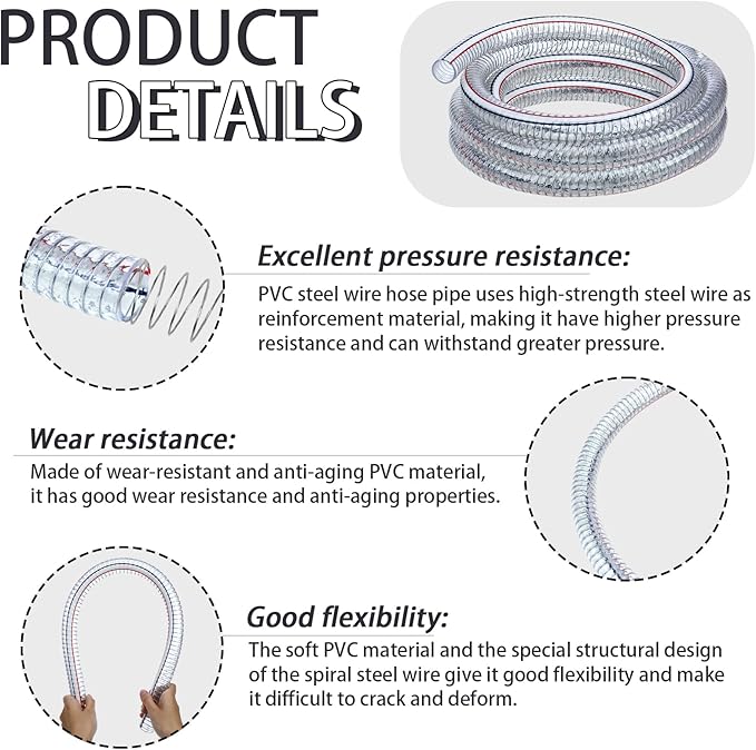 Frienda Heavy Duty Steel Wire Flexible Tubing with Fasteners PVC High Pressure Drain Hose Tube Pond Tubing Clear Wire Reinforced for Pond Bilge Pump Vacuum Suction Hose(3.3 Ft, 1 Inch Id)