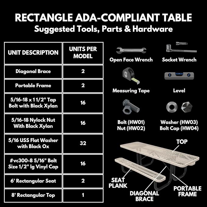Coated Outdoor Furniture Heavy-Duty Portable ADA-Compliant Outdoor Picnic Table, Expanded Metal Patio Dining Furniture Made in America (8ft Rectangular, One-Side Handicap, Textured Brown)