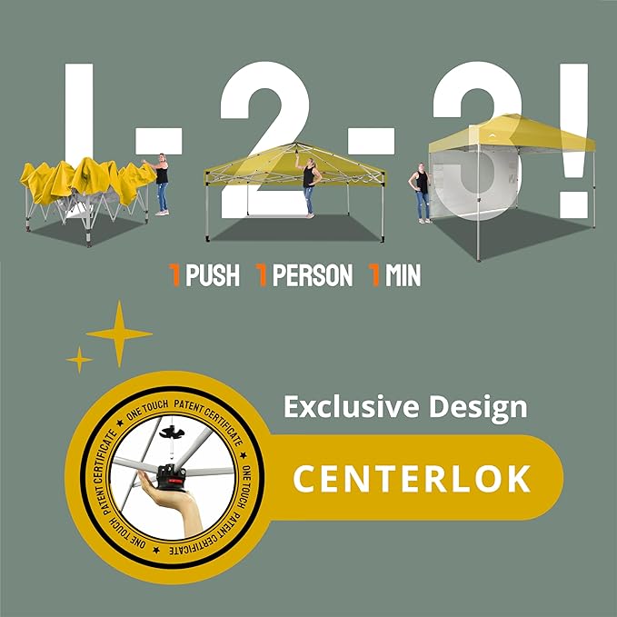 CROWN SHADES 10x10 Pop Up Canopy with 1 Side Wall - Beach Tent with One Push Setup - Outdoor Sun Shade for Events, Parties, Camping - Gazebo with STO-N-Go Cover Bag (Yellow)