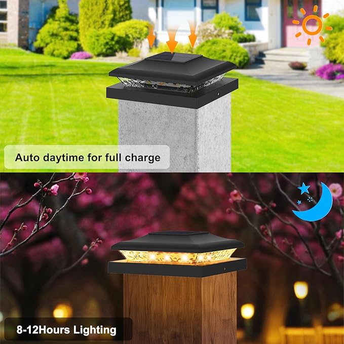 6 Pack Solar Post Cap Light Outdoor Fence Cap Lights 2 Color Modes 24 LEDs for Wooden/Vinyl Post, Waterproof Deck Patio Decoration Fits 5x5, 5.5x5.5 or 6x6 Wooden Posts (3000k/6000k)