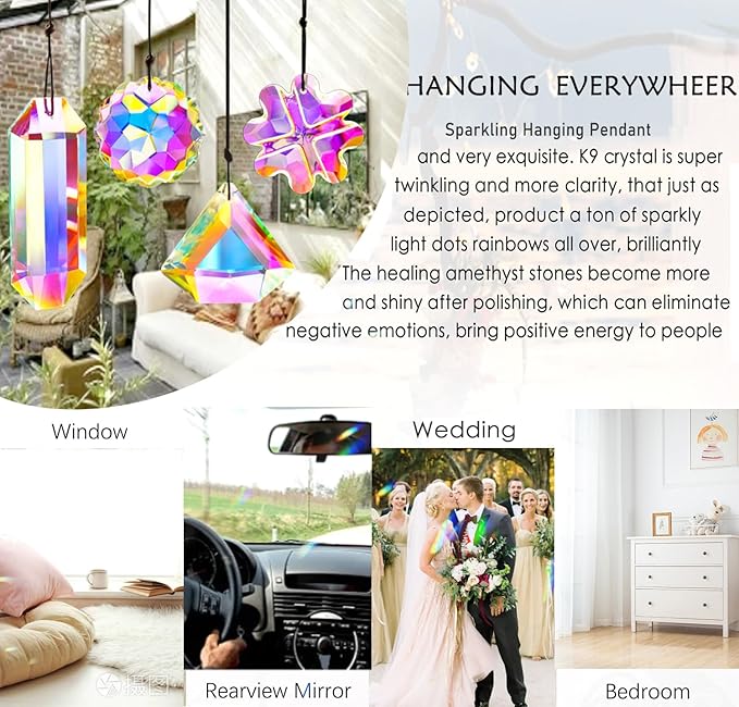4PCS Colorful Crystal Prism Pendant Suncatcher Hanging Crystal Decor for Home Indoor Outdoor Car Making Rainbows
