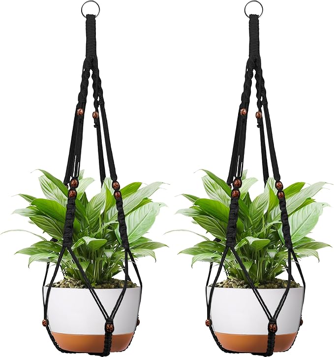 43 Inch Macrame Plant Hanger - Fits 6-15 Inch Pots, Extra Long Hanging Planter Holder for Indoor Outdoor, with Red Wood Beads, Boho Home Decor, 2 Pack, Black (POTS NOT Included)