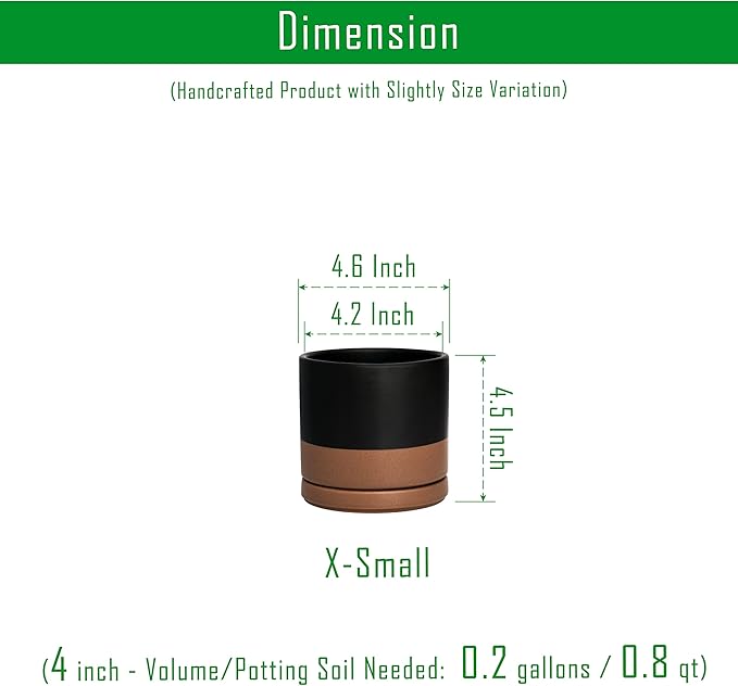 D'vine Dev Set of 4 Small Ceramic Plant Pots, 4.6 Inch Succulent Planter Pot for Plants with Drainage Hole and Saucer, Black/Speckled Tan, 94-X-B-7