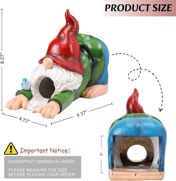 WONDER GARDEN Gnome Gutter Downspout Extensions - 3'' x 4'' Decorative Downspout Extender Diverter, Outdoor Splash Block Sculpture Garden Decor, Waterproof Gutter Guard for Lawn, Garden, Lawn