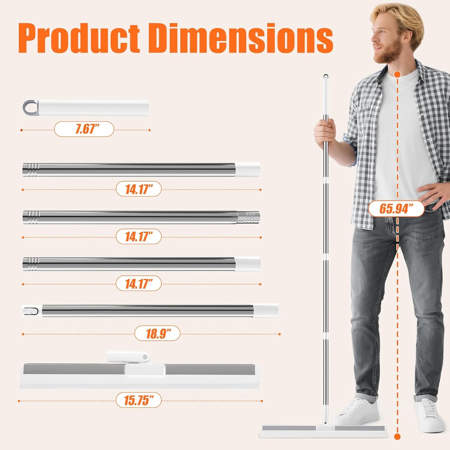 Floor Squeegee with 65" Long Handle, 180° Rotating Silicone Head, Pet Hair & Water Remover, Squeegee Broom for Shower, Tile, Garage, Concrete & Pool Cleaning