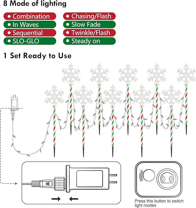 Christmas Pathway Lights Snowflake Outdoor 10PK 28inch 250LED 8 Modes Yard Decoration Flashing Waterproof Outdoor Lighted Up Christmas Light Decor for Garden Yard (Colorful)