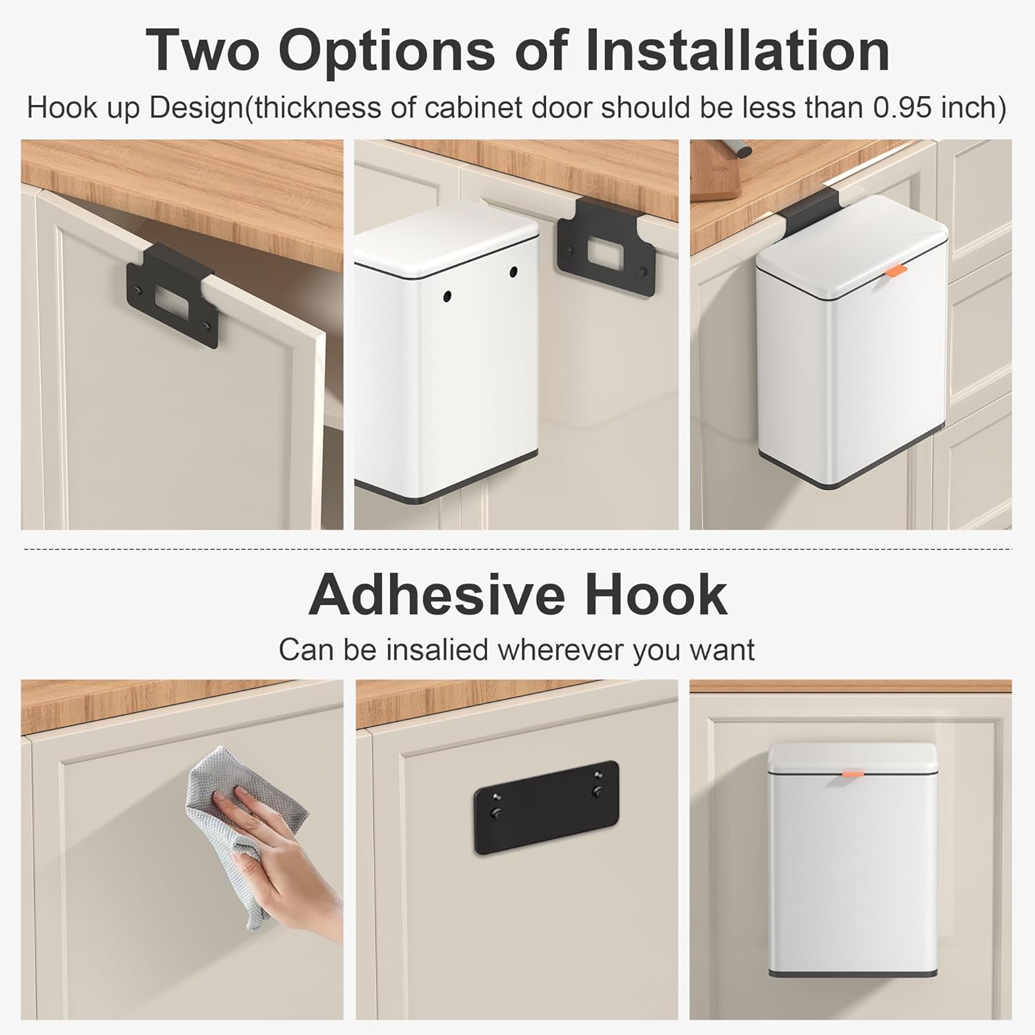 Mbillion Kitchen Compost Bin Hanging Trash Can with Lid 2.1 Gallon Stainless Steel Garbage Can for Kitchen Cabinet Door Mounted Trash Can Under Sink Door RV Bathroom,White