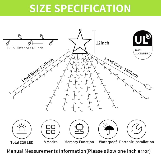 Christmas Decorations Star String Lights, 320 LED Waterfall Tree Lights with 13" Topper Star 8 Lighting Modes Indoor Outdoor Decorative for New Year, Holiday, Wedding, Party