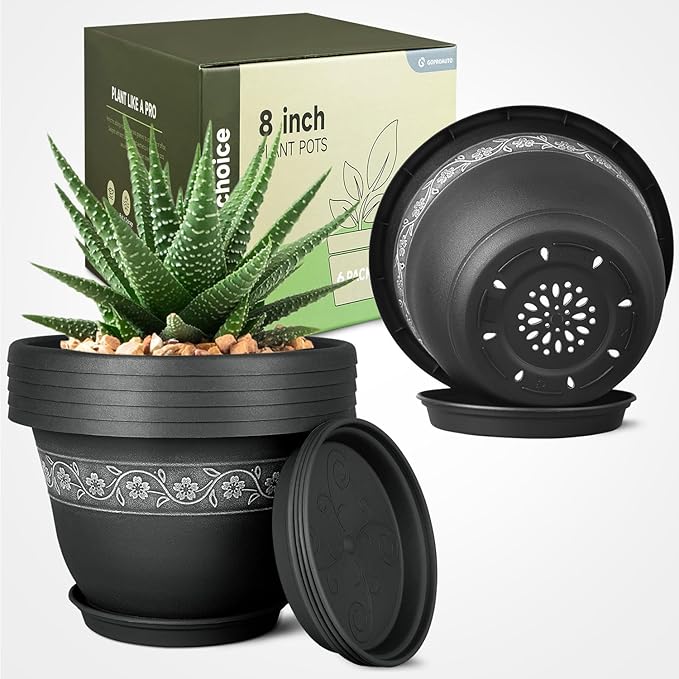 8 Inch Plant Pots with Drainage Hole - Lightweight Flower Pots for Herbs and Flowers - Home Decor Plastic Planters for Indoor Outdoor Plants- Pack of 6 (Black, 8 inch)