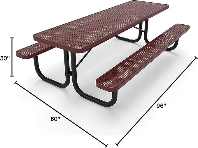 Coated Outdoor Furniture Heavy-Duty Portable Outdoor Picnic Table, Thermoplastic Coated Punched Steel Commercial-Grade Patio Dining Furniture Made in America (8ft Rectangular, Burgundy)
