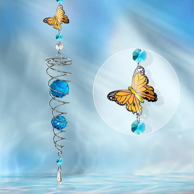 FONMY Butterfly Sun Catcher Gazing Ball Wind Spinner Rainbow Maker Silver Spiral W/ K9 Blue Crystal Ball Christmas Gfit Tree Hanging Ornament Indoor Outdoor Garden Decor. 19.5inch H