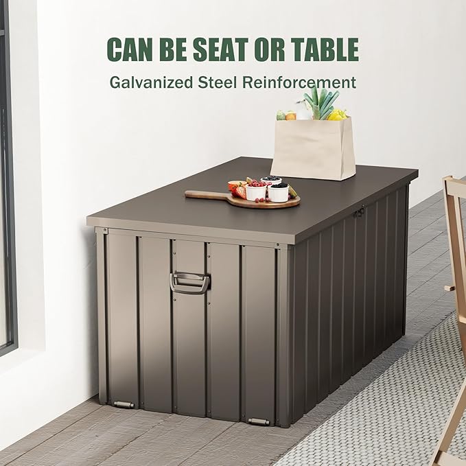 Domi Deck Box 160 Gallon, Waterproof Lockable Steel Outdoor Storage Container for Outside Cushions, Garden Tools and Pools Equipment, Brown