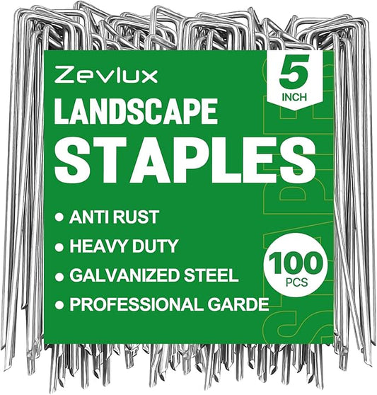 5 Inch Landscape Staples Galvanized Garden Stakes, Heavy Duty Garden Pins for Fences, Lawns, Weed Barriers and Landscape Fabrics, Irrigation Hose,Yard Lawn, Landscape Fabric. (5 inch, 100)