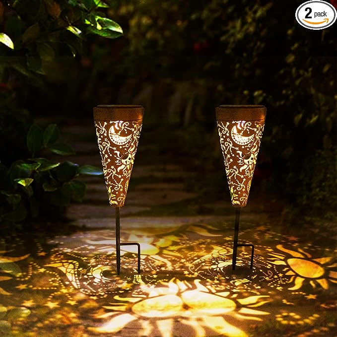 DIBIEECN 2 Pack Sun and Moon Solar Pathway Lights Outdoor,Metal Garden Decorations Outdoor Lights with Patterns and Warm Light,Waterproof Landscape Lighting for Path Patio Backyard Walkway Yard