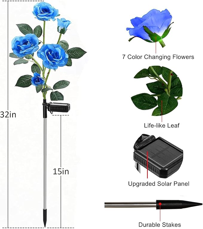 ANGMLN 2 Pack Solar Garden Lights, Solar Flower Lights Outdoor Waterproof with 10 Head Blue Rose 7-Color Changing Landscape Light for Garden Yard Pathway Patio Grave Cemetery Decoration