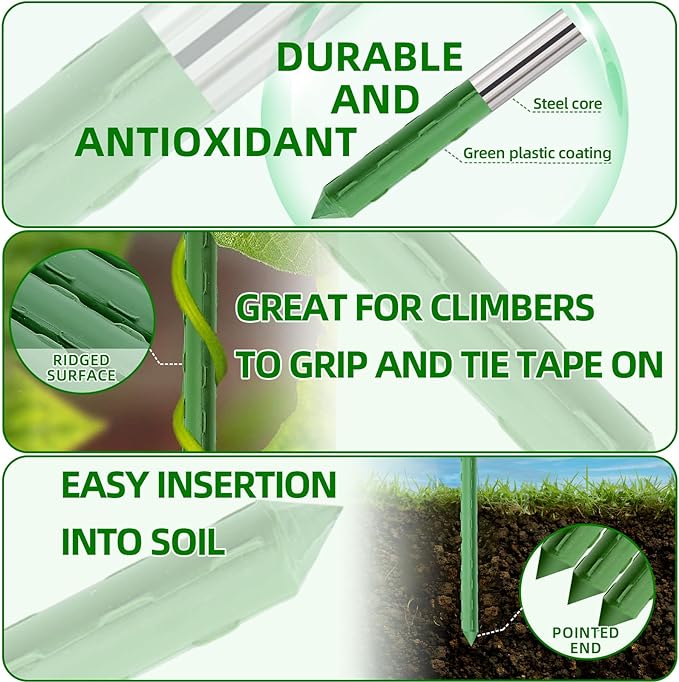 Garden Stakes 16 Inch 70 Pack, Diy 4ft 5ft 6ft 7ft 8ft Tomato Stakes Plastic Coated Metal Plant Sticks Stakes Supports with 40 Connectors 30 Rotatable Clips for Indoor Outdoor Plants Vegetable