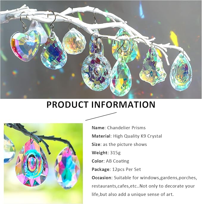 Crystal Prism Suncatchers, Rainbow Hanging Crystals Ornament Pendant for Window, Chandelier Part Replacement for Lamps Decoration,Pack of 12
