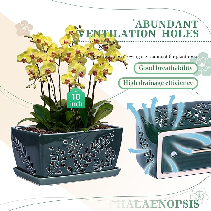 Ceramic Orchid Pot, 10 Inch Rectangular Orchid Pots with Holes, Premium Thickened Handmade Glazed Pot for Orchidaceae Plants, Indoor Outdoor Decorative Flower Pot for Easy Repotting