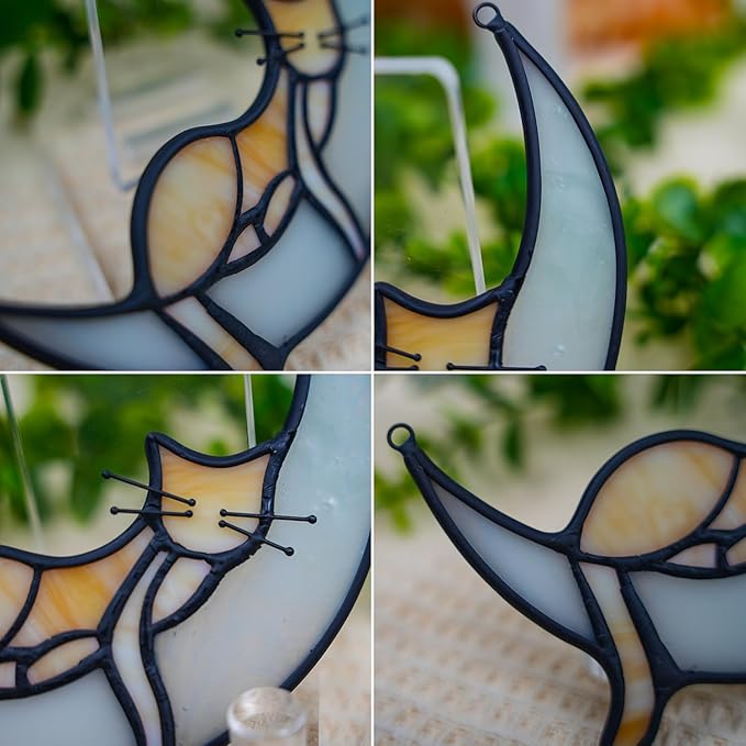 BOXCASA Sleeping Cat Stained Glass Windown Hanging,Yellow Cat on Moon Beautiful Handcrafted Sun Catcher Gifts for Daughter,Mothers Day,Christmas and Cat Lover