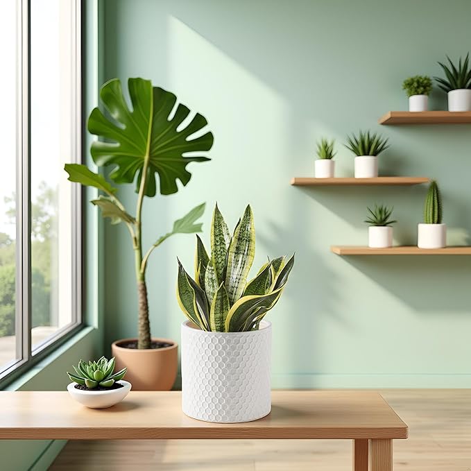 Docrin Ceramic Planters Indoor, 8 Inch Plant Pot with Drainage Holes for Home/Office - White Honeycomb