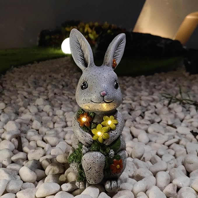 Solar Easter Rabbit Statue - Rock-Like Design with Flower Lamp Beads Woman Gifts Resin Easter Bunny Sculpture for Indoor and Outdoor Statue Decor, Garden Decoration