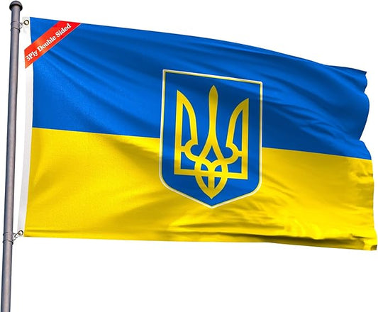 Double Sided Ukraine Trident Flag 2x3FT Ukrainian Coat of Arms National Polyester Banner With 2 Grommets Fade Resistant Vivid Color For Patriotic Festival Events Party Decoration