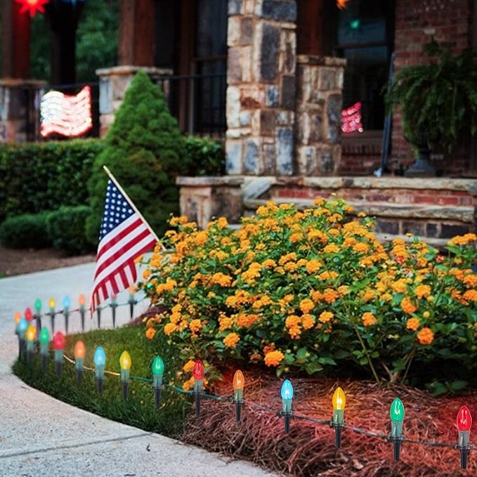 Brightown C9 Christmas Pathway String Lights Outdoor - 4 Pack Total 102.8 FT 80 Clear Lights with 80 Stakes, Connectable Waterproof Walkway Lights for Indoor Xmas Party Holiday Decoration, Multicolor