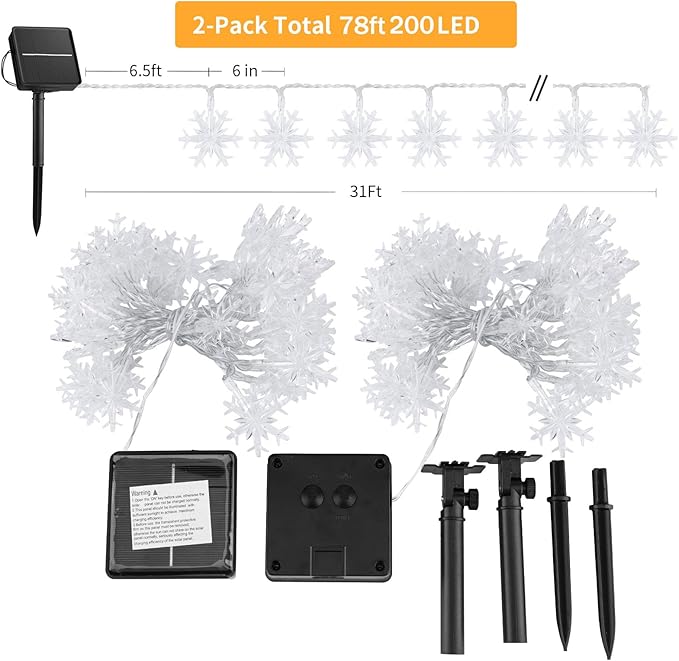 Brightown Solar Christmas Snowflake String Lights 2-Pack 100 LED 78FT Outdoor Waterproof Fairy Lights with 8 Lighting Modes for Wedding, Party, Tree, Room, Garden, Patio, Yard, Home(Warm White)