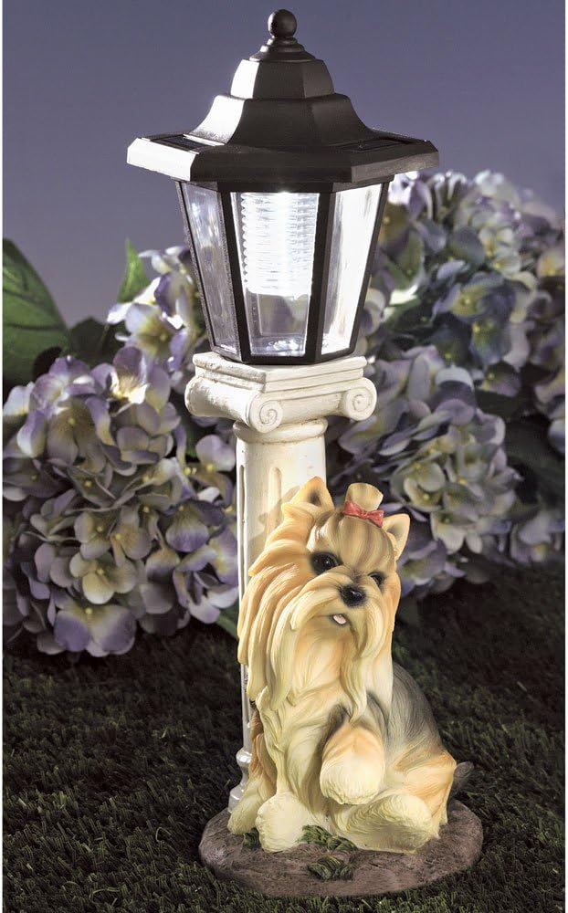 Bits and Pieces - Solar Yorkie Lantern-Solar Powered Garden Lantern - Resin Dog Sculpture with LED Light