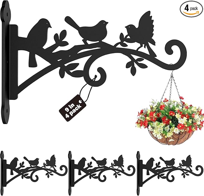 4 Pack Wall Plant Hanger,9 in Heavy Duty Hanging Plant Bracket,Metal Plant Hooks for Outdoor or Indo or Hanging Flower Baskets,Solar Lanterns,Bird Feeder