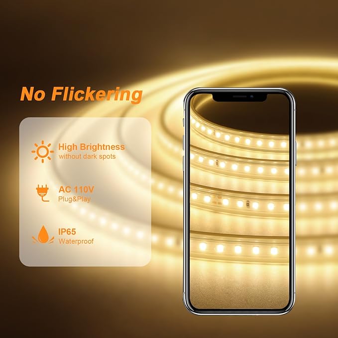 AIMENGTE LED Strip Lights for Room - Outdoor Led Strip Lighting Waterproof, AC 110V, 1200LEDs, 3000k LED Rope Lights for Garden, Patio, Living Room Bedroom Kitchen Home Decoration(32.8ft, Warm White)