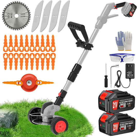 Electric Weed Wacker Eater,3-in-1 Cordless Weed Trimmer with 2 21V/4.0Ah Battery Operated & Fast Charger & 90Min Runtime, 3 Types of Blades for Thick Weeds/Edging/Mowing for Garden Yard -Grey