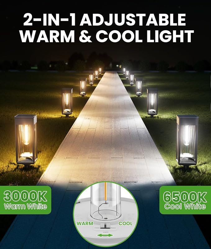 Bright Solar Pathway Lights Outdoor 2 Pack, 2-in-1 Warm&Cool Solar Lights Outdoor for Yard, IP65 Waterproof Garden Light Yard Landscape Patio Lawn Path Walkway Driveway