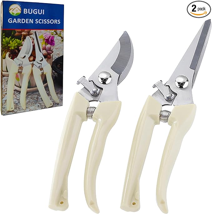 BUGUI Garden Shears Set of 2, Includes 1 Bypass Pruning Shears and 1 Straight Blade Garden Scissors, Sharp, Lightweight