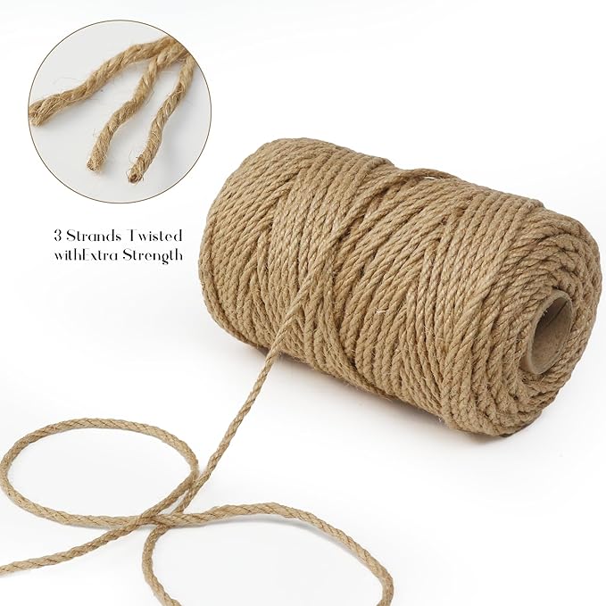 Jute Twine String,328 Feet 5mm Natural Jute Rope,3ply Thin Ribbon Hemp Twine for Gift Wrapping Craft Plant Garden Christmas Handmade Arts Decoration Packing String Home Decor