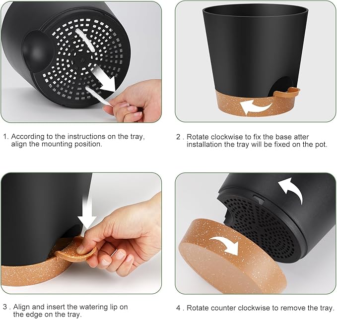 8-Inch Plant Pots, Self-Watering Planters with Drainage Holes & Saucers for Indoor and Outdoor Plants (2-Pack,Black)