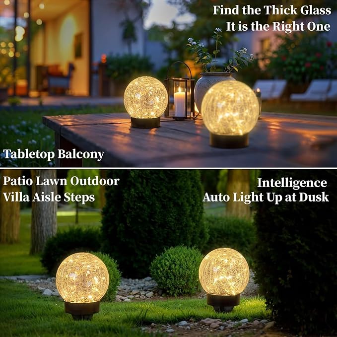 Beautyard Solar Globe Lights Outdoor Large Garden Decor USB Charged 4.72" Diameter 40LED 1000mAh Solar Lights Cracked Glass Globe Power Yard Patio Garden (4.72'' Large 2 Pack Warm White)