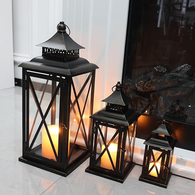 DECORKEY 3PCS (20’’&13’’&9’’) Lanterns Decorative Indoor & Outdoor, Vintage Metal Frame Candle Holders for Front Porch, Patio, Pathway, Balcony, Garden, Yard Decor, Halloween Christmas Decorations