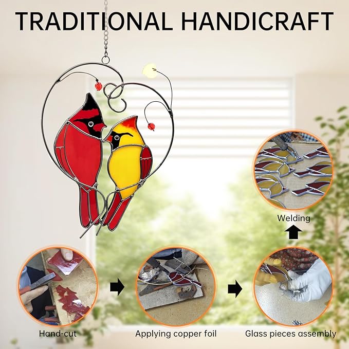 Cardinal Suncatchers Stained Glass for Windows Hangings,Male & Female Cardinal Stained Glass Sun Catchers,Stained Glass Red Love Birds Home Ornament,Gifts for Women